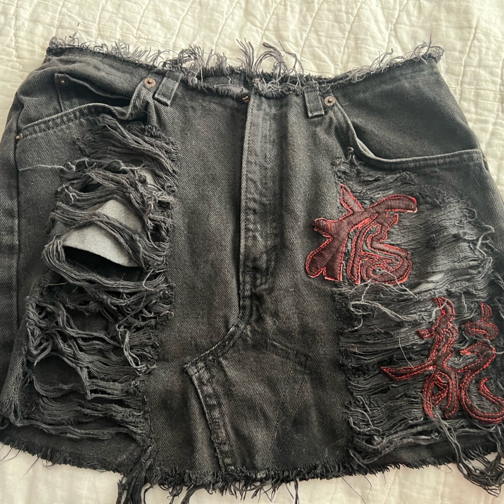 Levi's Black Distressed Mini Skirt with Red Embroidery